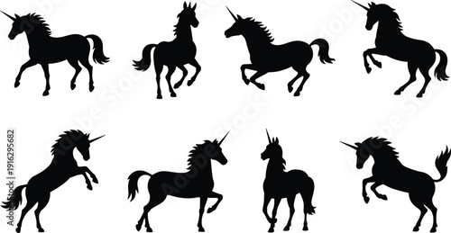 Unicorn silhouettes set standing running jumping magical horse flat vector illustration isolated on white background fantasy clipart collectionUnicorn silhouettes set standing running jumping magical 
