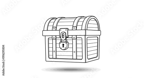 Vintage Treasure Chest Sketch with Lock and Straps, Isolated on White Background