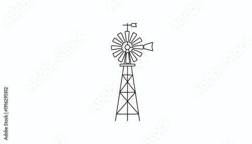 Vintage Windmill Drawing, Rustic Farm Equipment, Rural Landscape Element