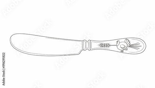 Vintage Turkey and Wheat Butter Knife Illustration - Thanksgiving Tableware