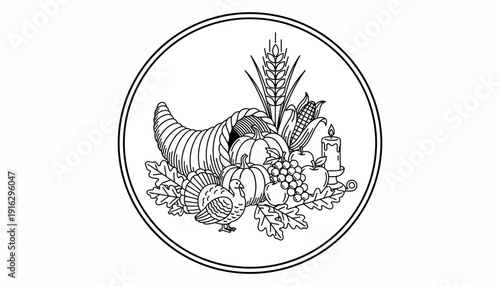 Thanksgiving Cornucopia Outline: Turkey, Pumpkin, Grapes, Corn, Candle, Wheat