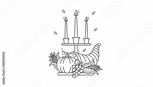 Thanksgiving Cornucopia with Pumpkin, Grapes, Corn, and Candles
