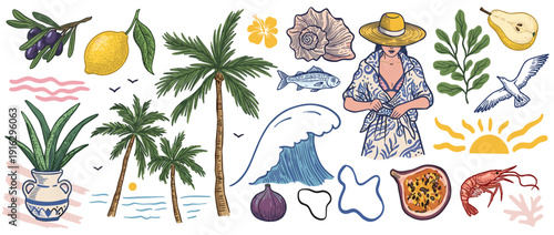 Mediterranean Summer Vacation Illustration Set with Tropical Palm Trees Lemon Olives Seashell and Woman in Sun Hat Vector Isolated on White Background