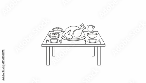 Thanksgiving Dinner Table Setting with Roasted Turkey and Pies - Line Art