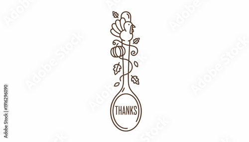 Thanksgiving Spoon Illustration with Turkey, Pumpkin, and Leaves - Line Art