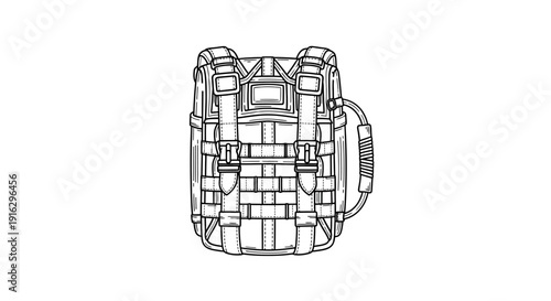 Tactical Backpack Sketch, Military Gear, Outdoor Adventure Equipment, Line Art