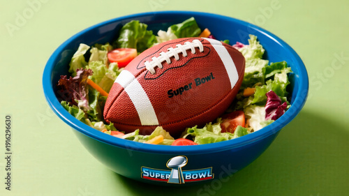 American football in salad with broccoli symbolizing humorous contrast between healthy food and game snacks
