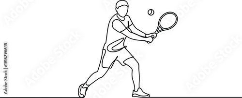Tennis Player Hitting Ball Mid-Air with Racquet Line Art Style