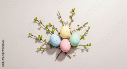 Colorful easter eggs with spring branches on white background symbolizing renewal and celebration
