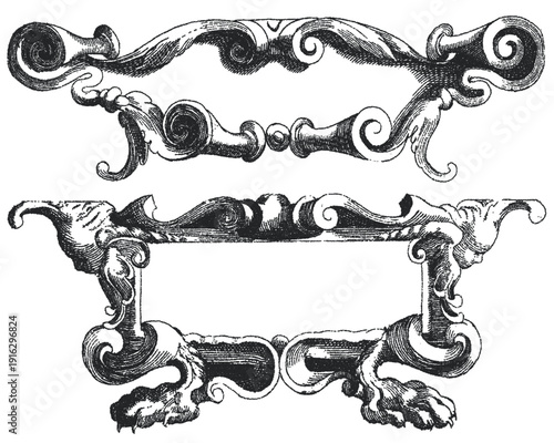 Antique baroque horizontal cartouche vector set. Vintage engraved scroll banners with lion paws and acanthus leaf ornaments. Decorative frames for title or label design