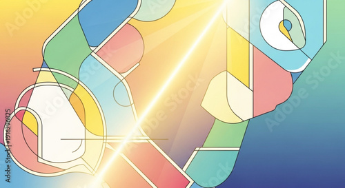 Vibrant abstract whisk illustration with colorful shapes and radiant light beam on gradient background