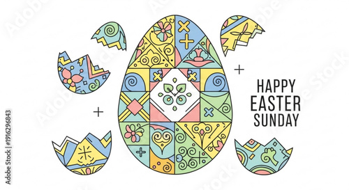 Colorful easter egg with broken shell pieces and happy easter sunday text on white background