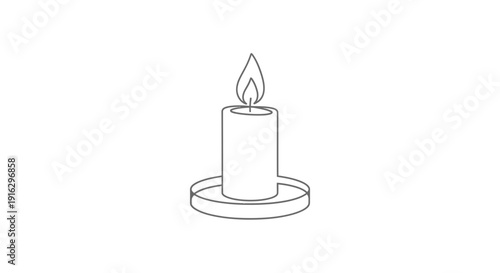 Single lit candle with flame on white background, minimalist line art