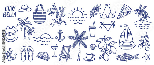 Mediterranean Summer Beach Vacation Icon Set with Blue Line Art Palm Trees Sun Sailboat Seafood and Nautical Elements Vector Isolated on White Background