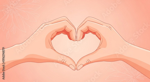 Hands forming a heart shape on a pink background symbolizing love and affection in a simple illustration