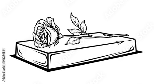 Single Rose on Rectangular Stone Slab, Funeral Memorial, Grief, Remembrance, Black and White Line Art