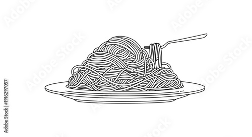 Spaghetti on a Fork, Black and White Line Drawing, Italian Food