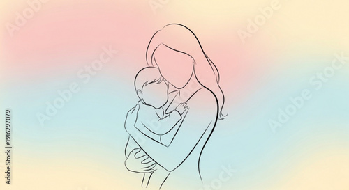 Mother holding baby close pastel colored background minimalist line art symbolizing love and care nurturing warmth and tenderness