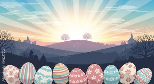 Colorful easter eggs in a scenic landscape at sunrise with hills trees and a vibrant sky