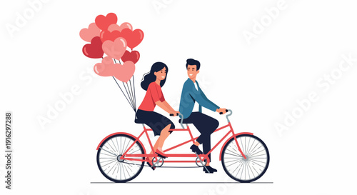 Illustration of a romantic couple riding a tandem bicycle with red heart-shaped balloons on a white background.