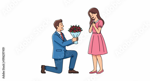 A man in a blue suit kneels and presents a bouquet of roses to a surprised woman in a pink dress on a white background with a romantic mood.