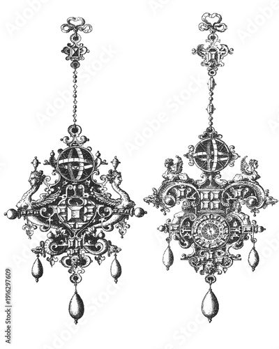 Antique renaissance jewelry pendant vectors with sundial and armillary sphere. Engraved gold ornaments featuring clock face, mythical sphinxes and pearl drops. Vintage horology design