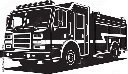 Black silhouette of fire truck parked on transparent background with shadow illustration