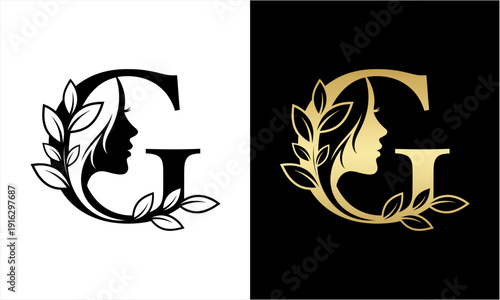Elegant Letter G Logo with Womans Profile and Botanical Elements.