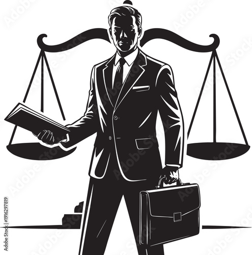 Lawyer holding brief and book with scales of justice background, professional vector