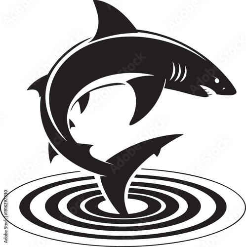 Jumping shark breaking water surface vector silhouette with ripple effect
