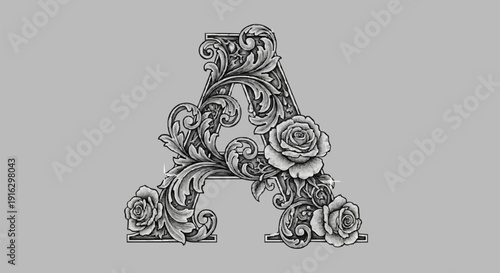 Ornate Letter A with Floral Decorations.