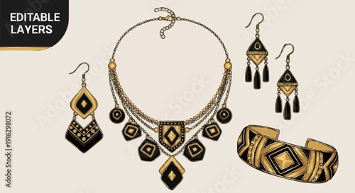 Gold and Black Jewelry Set with Ornaments.