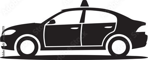 Black silhouette of taxi car with light icon on roof, isolated on transparent background, vector art