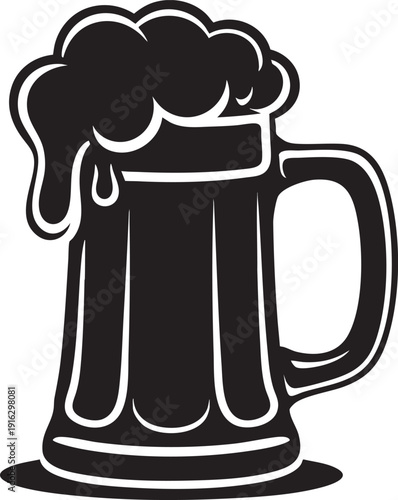 Black silhouette of frothy beer mug, refreshing beverage, isolated on transparent background, vector art