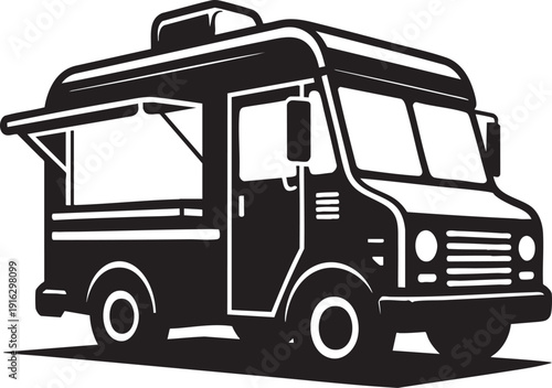 Black silhouette of food truck, mobile kitchen, isolated on transparent background, vector art
