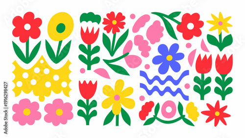 Colorful floral pattern with various stylized flower shapes and leaves
