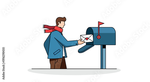 A man in a blue coat and red scarf putting an envelope into a blue mailbox on a white background.