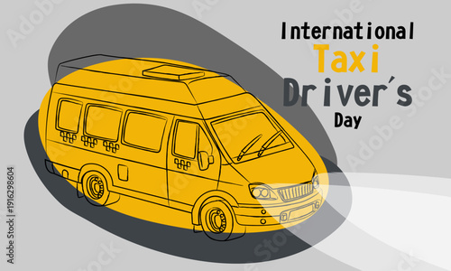 Yellow taxi minibus van isolated on grey with yellow background. Flat illustration for city transport service posters, urban shuttle banners or passenger delivery design projects. horizontal banner