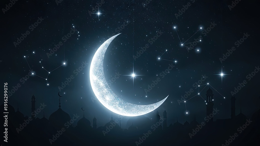 Naklejka premium Glowing Crescent Moon and Constellations in a Dark Night Sky Over a Silhouetted Cityscape