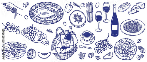 Mediterranean Italian Food and Wine Vector Illustration Set with Pizza Pasta Wine Bottle Grapes and Cheese Hand Drawn Line Art Isolated on White Background