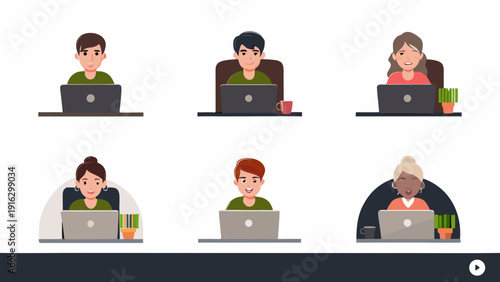 Diverse group of people working remotely on laptops at desks