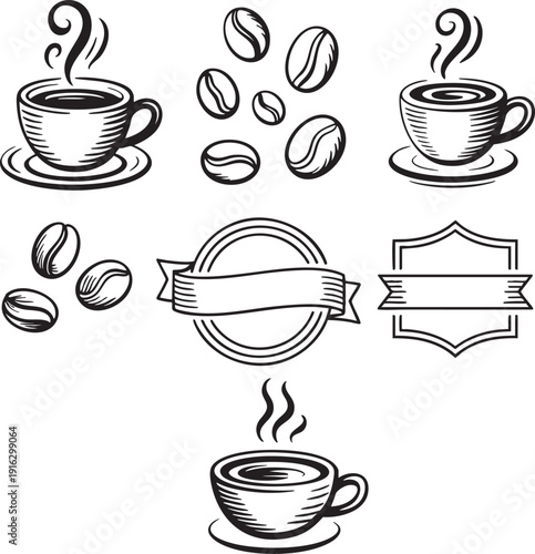 Coffee cup and beans vintage illustration coffee shop logo elements beverage hot drink cafe banner design retro