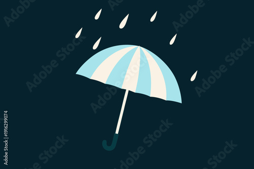 A simple illustration depicts a striped umbrella under falling raindrops