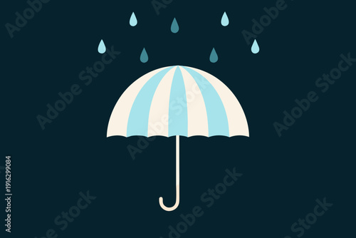 A simplified illustration of a light blue and white striped umbrella with raindrops