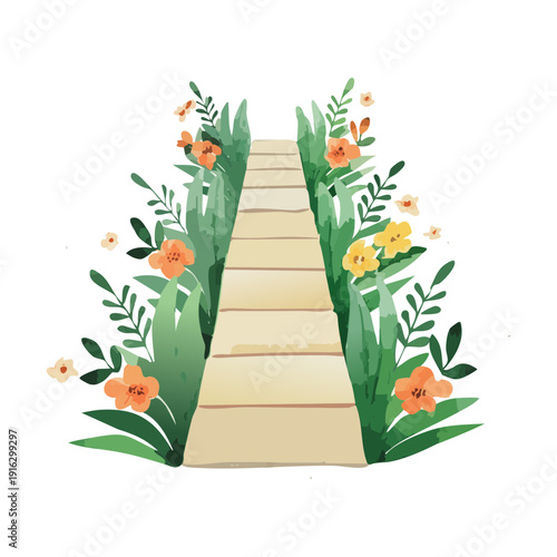 Stone steps ascending a hill covered in wildflowers and green grass overlooking a peaceful valley in nature