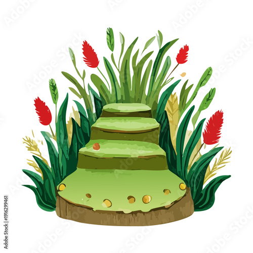 Bright green walkway lined with pink tulips and soft grass under a clear and peaceful nature sky