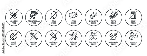 Isolated Vector Logo Set Badge Ingredient Warning Label. Black and white simple Allergens icons. Food Intolerance. The 14 allergens required to declare written in english. Free