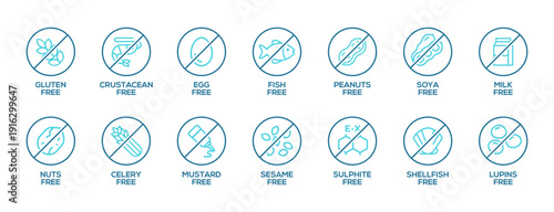 Isolated Vector Logo Set Badge Ingredient Warning Label. simple and cheerful Allergens icons. Food Intolerance. The 14 allergens required to declare written in english. Free