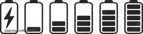 Battery charge level indicator icon set, mobile power status symbols, flat black vector energy