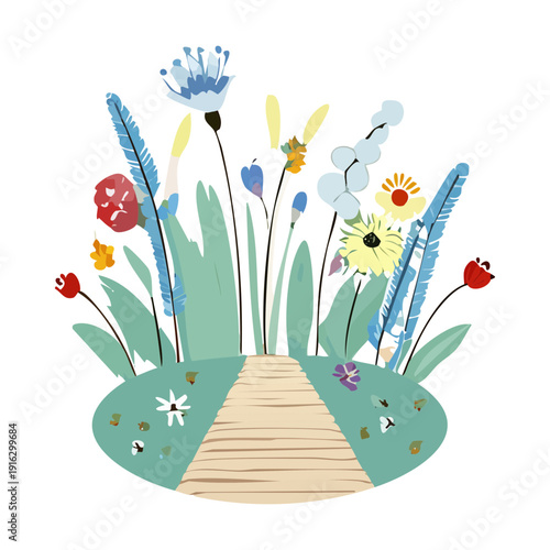 Stone walkway through a lush green garden with various plants and flowers in a peaceful nature setting